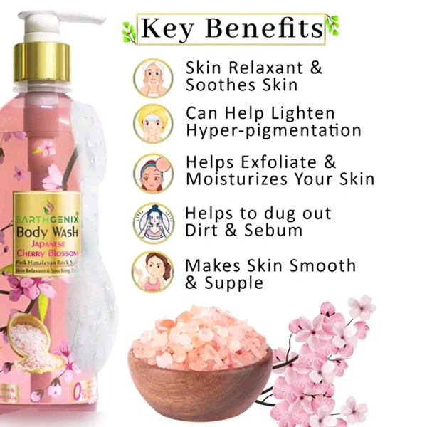 Earthgenix Body Wash Japanese Cherry Blossom + Pink  Rock Salt 300ml, (Loofah Free)