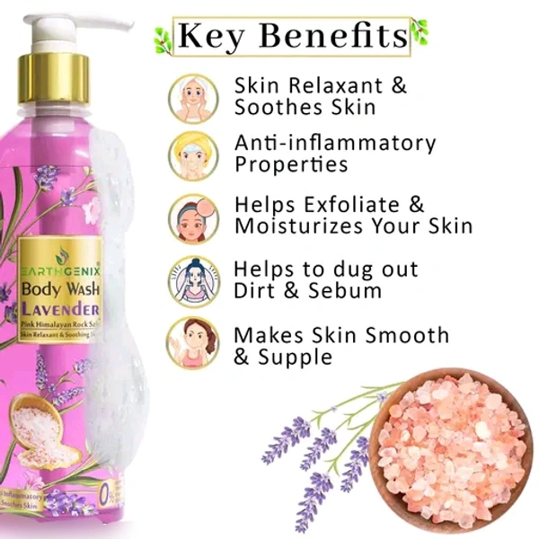 Earthgenix Body Wash Lavender + Pink   Rock Salt 300ml, (Loofah Free)