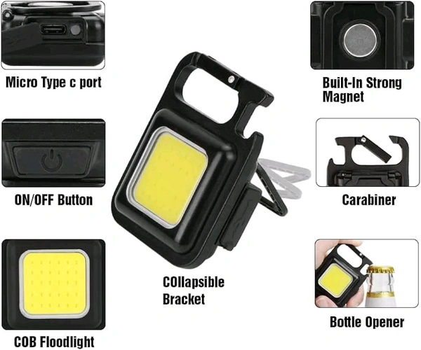 Keychain Work Light Keychain Flashlights 4 Modes 800 Lumen, Led Keychain Light Emergency Light with Folding Bracket Bottle Opener and Magnet Base for Camping Walking - Black