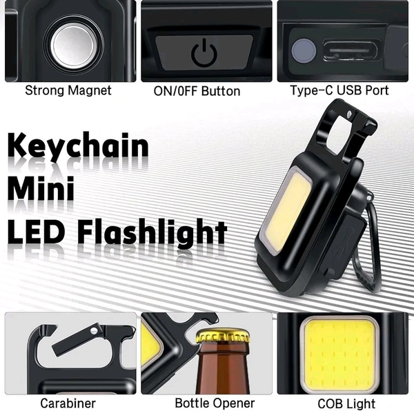 Keychain Work Light Keychain Flashlights 4 Modes 800 Lumen, Led Keychain Light Emergency Light with Folding Bracket Bottle Opener and Magnet Base for Camping Walking - Black