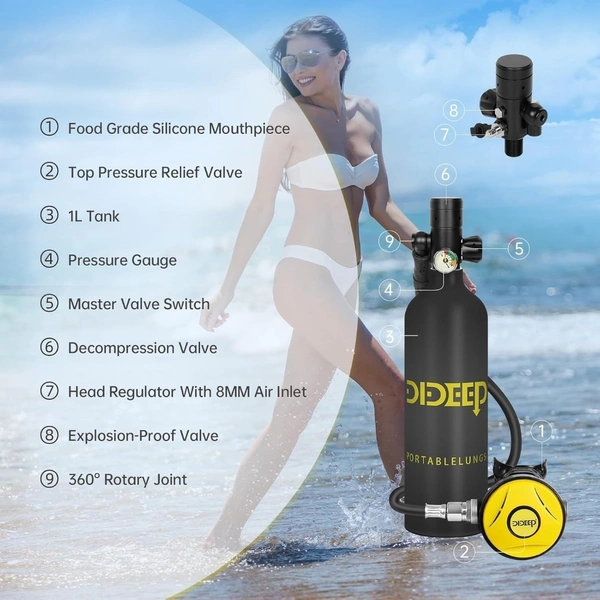 dideep 1L Diving Ventilators Aluminium Mini Diving Air Tank Diving air tank Equipment for Surfing Diving High Oxygen Compression