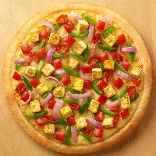 Paneer Peppy(8IN) - Full Flavore of Juicy paneer , Capsicum with Spicy Paprika ,Amul mozzarela & veeba Liquti cheese , souse .  - Red