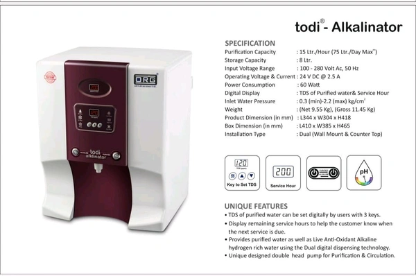 ORG TODI ALKALINATOR | RO UV AUTO TDS UF | DIGITAL TDS DISPLAY | DIGITAL FILTER CHANGE DISPLAY