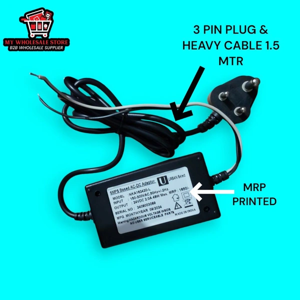 URBAN SELECT SMPS 2A 24VDC HEAVY CHORD| 3 PIN | 1.5 MTR LENGTH - Black