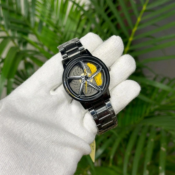 Car Wheel Watch, Stainless Steel Mens Wristwatch with Spinning Car Rim Hub Design, Quartz Movement, Water Resistant, Scratch Resistant Gifts for Car Enthusiasts - Yellow