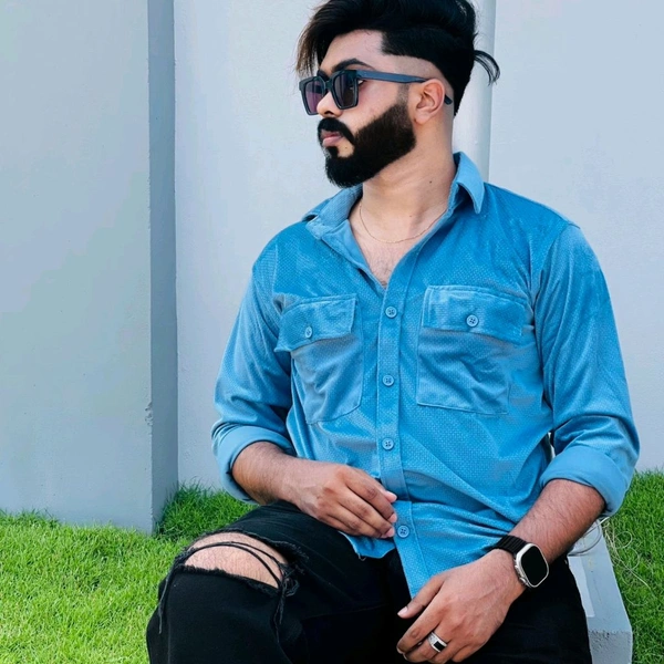 Velvet Double Pocket Premium Quality Shirt blue shirt - XXL