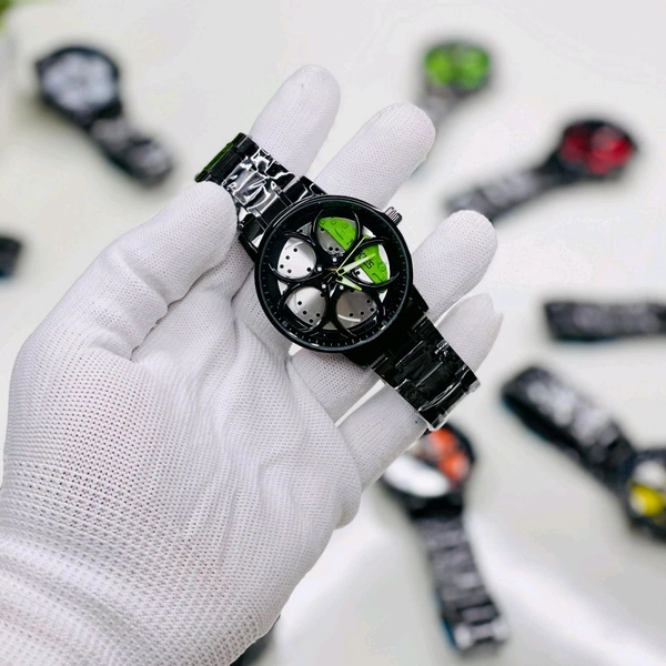 Car Wheel Watch, Stainless Steel Mens Wristwatch with Spinning Car Rim Hub Design, Quartz Movement, Water Resistant, Scratch Resistant Gifts for Car Enthusiasts - SRW3
