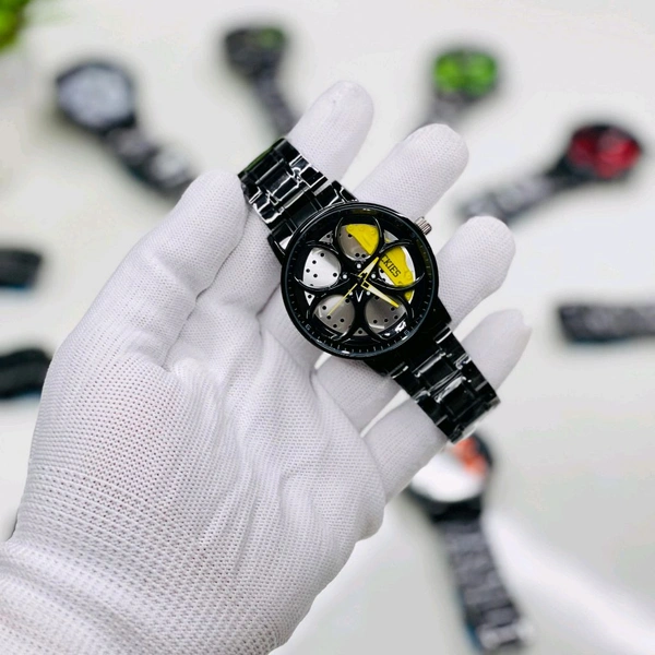 Car Wheel Watch, Stainless Steel Mens Wristwatch with Spinning Car Rim Hub Design, Quartz Movement, Water Resistant, Scratch Resistant Gifts for Car Enthusiasts - SRW4
