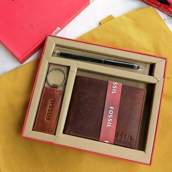 Personalised Men's Wallet, Keychain & Pen Combo - Brown