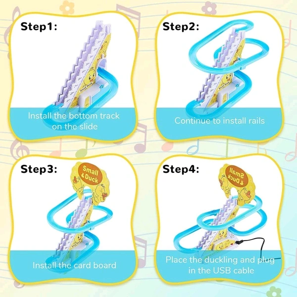Duck Track Toys for 3+ Ages Kids, Funny Automatic Stair Climbing Ducklings Cartoon Race Track Set Little Lovely Duck Slide Toy Escalator Toy with Lights and Music, 3 Pcs Small Duck.