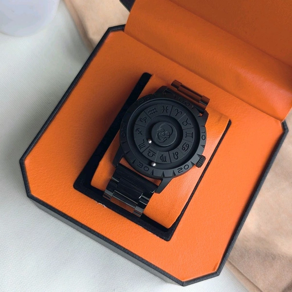 Luxury All-Black Zodiac-Inspired Rotating Metal Ball Dial Watch – Premium Stainless Steel Strap & Bold Design  - Without Box