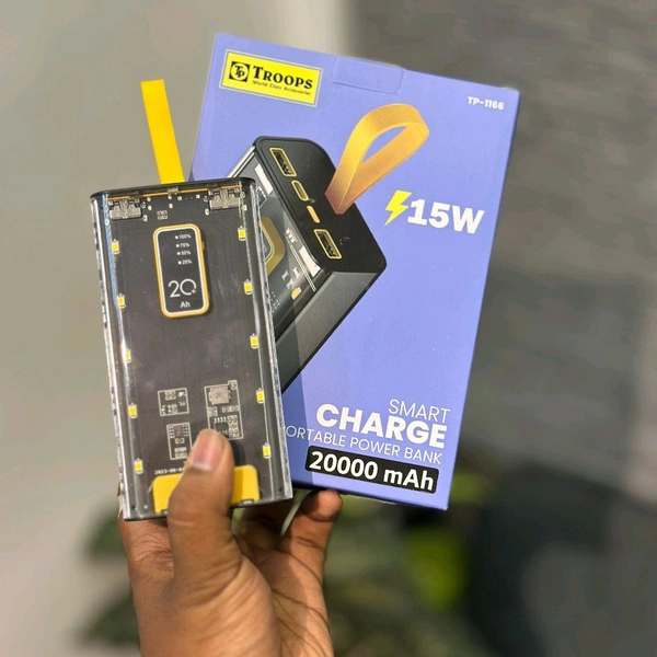 TROOPS 20000mAh Smart Charge Transparent Power Bank | 15W Fast Charging | Dual USB Output + Type-C Input | LED Battery Display | 6-Month Brand Warranty