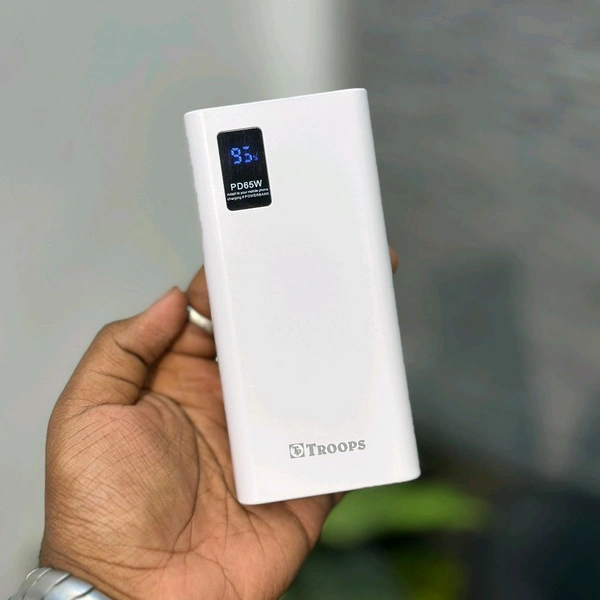 Troops PD65W 20000mAh Fast Charging Power Bank | Dual USB + Type-C Output | Digital Display | Compatible with All Devices - White