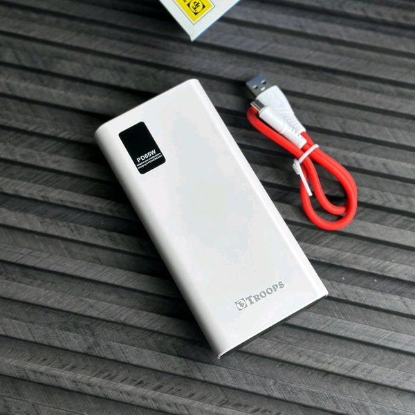 Troops PD65W 20000mAh Fast Charging Power Bank | Dual USB + Type-C Output | Digital Display | Compatible with All Devices - White