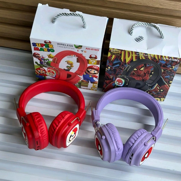 Cute RGB Cartoon Wireless Headphones – AH-816 Series. Wireless High Fidelity Sound Quality, Volume Control Ear Hanging Earphones - Super Mario