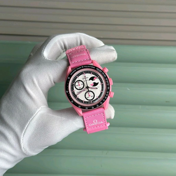 Analog Speedmaster MoonSwatch High Quality Quartz Movement Chronograph Machinery Watch - Pink