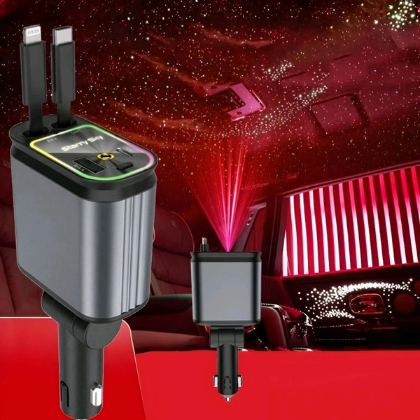 4 in 1 Starry Sky Car Charger – Fast Charging + Ambient Light Projector (Type-C, iOS, USB, PD 3.0)