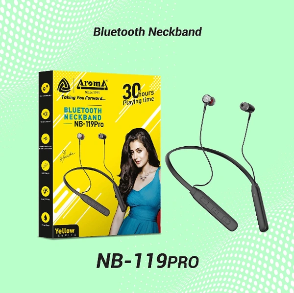 AROMA Aroma Yellow Series NB 119 PRO - 30 Hours Playtime with Powerful Bass,in Built Mic in Ear Bluetooth Neckband Headphones - BLACK, CASH ON DELIVERY,PHONEPAY,GOOGLE PAY,NETBANKING,DEBIT & CREDIT CARD PAYMENT AVALIABLE