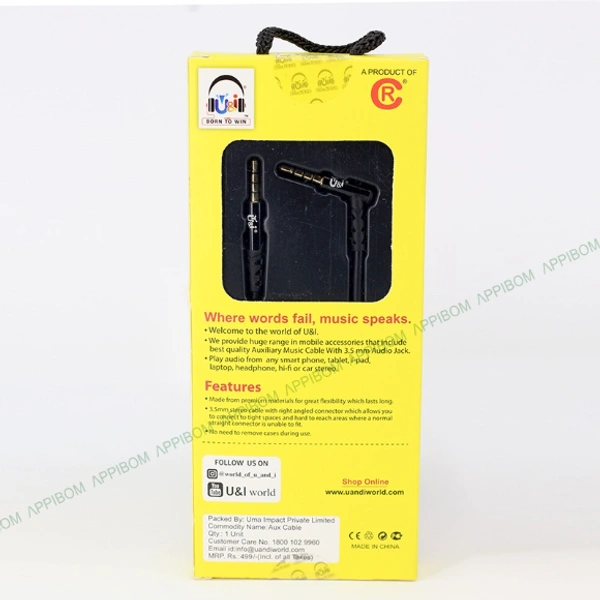 U&I Lemon Series Aux Cable - UiAC-2115 - BLACK, COD ,PHONEPAY,GOOGLE PAY,NETBANKING,UPI PAYMENT,DEBIT & CREDIT CARD PAYMENT.
