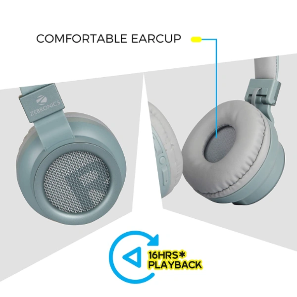 Zebronics Zeb-Bang Foldable Wireless BT Headphone Comes with 40mm Drivers, AUX Connectivity, Call Function, 16Hrs* Playback time & Supports Voice Assistant (Blue) - YES