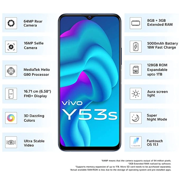 VIVO vivo Y53s (128 GB)  (8 GB RAM) - Fantastic Rainbow, YES, COD , DEBIT & CREDIT CARD , PHONEPAY, GOOGLEPAY, UPI, 8GB/128GB