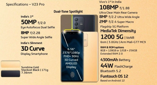 VIVO vivo V23 Pro 5G - Sunshine Gold, BAJAJ FINSEREV, PINLABS, TVS CREDIT, DEBIT CARD EMI * T&C APPLY, COD ,PHONEPAY,GOOGLE PAY,NETBANKING,UPI PAYMENT,DEBIT & CREDIT CARD PAYMENT., 12GB/256GB