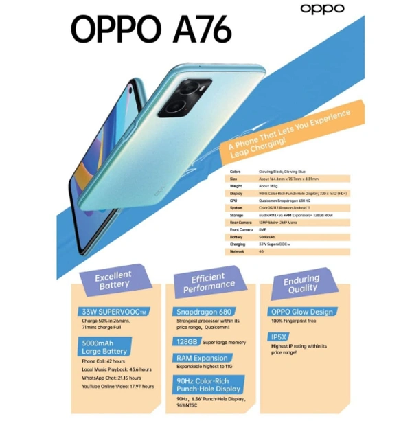 OPPO A76 - ROMAN BLACK, BAJAJ FINSEREV, PINLABS, TVS CREDIT, DEBIT CARD EMI * T&C APPLY, COD ,PHONEPAY,GOOGLE PAY,NETBANKING,UPI PAYMENT,DEBIT & CREDIT CARD PAYMENT., 6GB/128GB