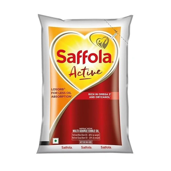 Saffola Active, Rich in Omega 3 & Oryzanol, Multi-Source Edible Rice Bran & SoyaBean Blended Oil Pouch (Mix tel) - 1 L