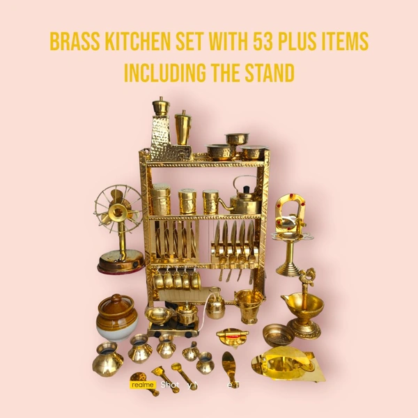 Brass kitchen set with 53 plus items including the stand (rack of size approx 9x13 inches)