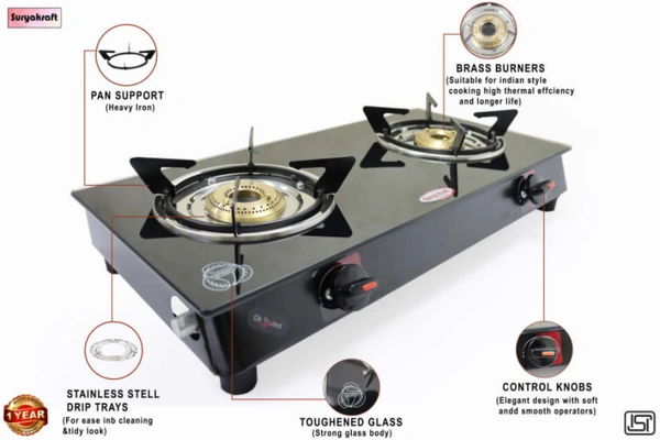 SuryaKraft SKDBNANOBB Crystal / Glass Top Manual Gas Stove (2 Burners) - 2 Burners, Black, NA