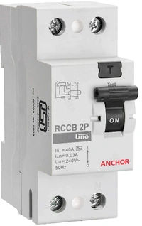 Anchor by Panasonic 98211 Uno Series 40 Ampere Dual Pole 100Ma RCCB, (White, PVC Plastic) - 40A, White, 6 Month Warranty