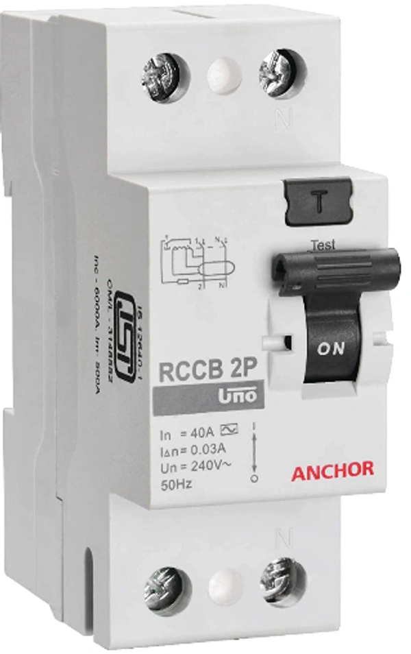 Anchor by Panasonic 98211 Uno Series 40 Ampere Dual Pole 100Ma RCCB, (White, PVC Plastic) - 40A, White, 6 Month Warranty