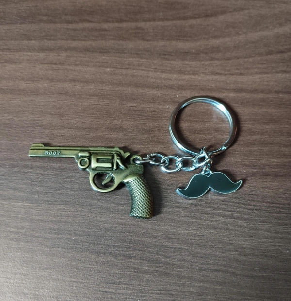 Metallic Gun and mustaches Keychain 