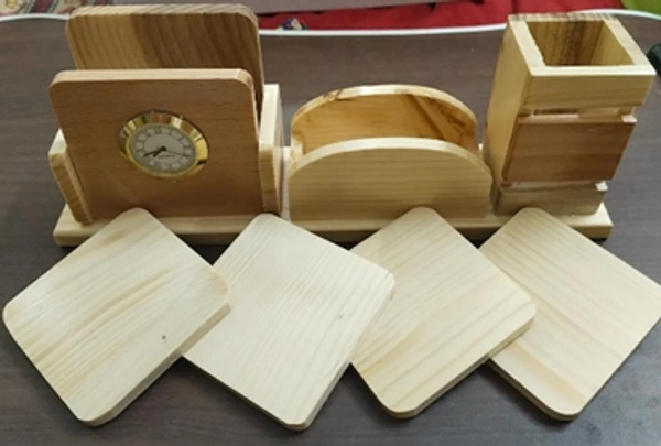 WOODEN TABLE TOP ORGANISER WITH FOUR COASTERS - CUSTOMISABLE