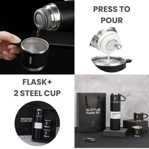 VACUUM FLASK WITH THREE CUPS - Black