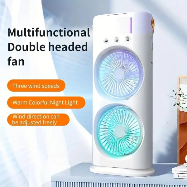 Portible Double Head Fan & Cooler Mist with Humidifier and Swing LED