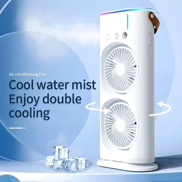 Portible Double Head Fan & Cooler Mist with Humidifier and Swing LED