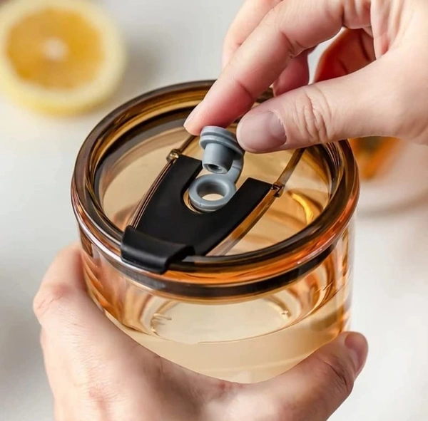 GLASS TUMBLER WITH GLASS STRAW AND LEATHER SLEEVE