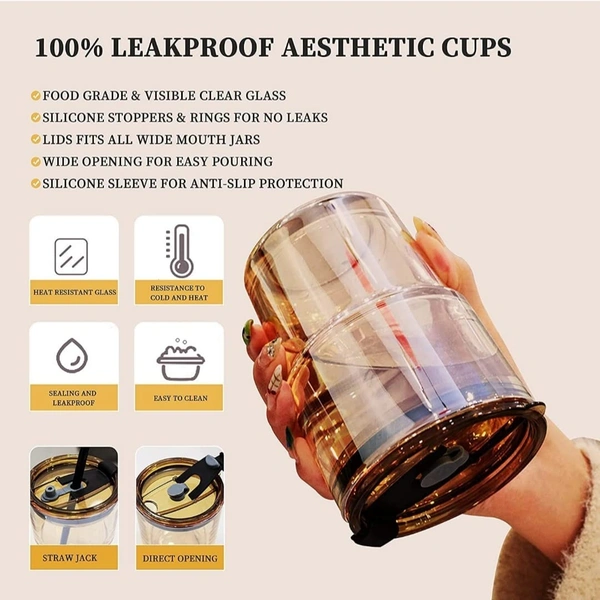 GLASS TUMBLER WITH GLASS STRAW AND LEATHER SLEEVE