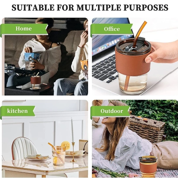 GLASS TUMBLER WITH GLASS STRAW AND LEATHER SLEEVE