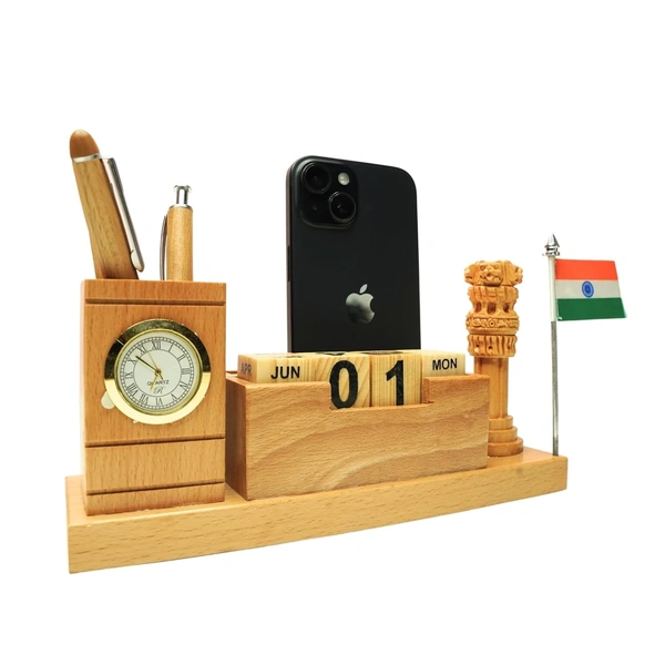 WOODEN TABLE TOP WITH ASHOKA PILLAR