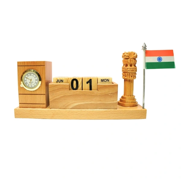 WOODEN TABLE TOP WITH ASHOKA PILLAR