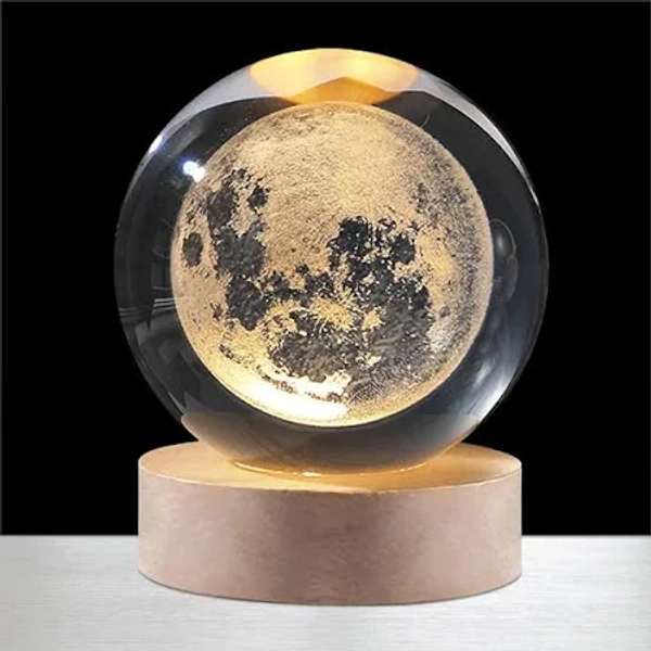 NIGHT GLASS LAMP WITH WOODEN BASE - Moon