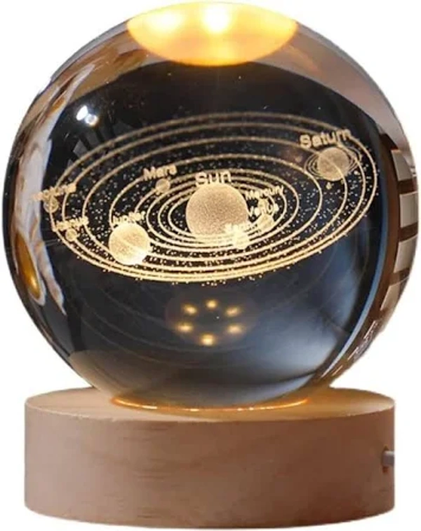 NIGHT GLASS LAMP WITH WOODEN BASE - Solar System