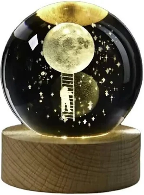 NIGHT GLASS LAMP WITH WOODEN BASE - Stairs up Moon