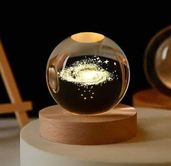 NIGHT GLASS LAMP WITH WOODEN BASE - Galaxy