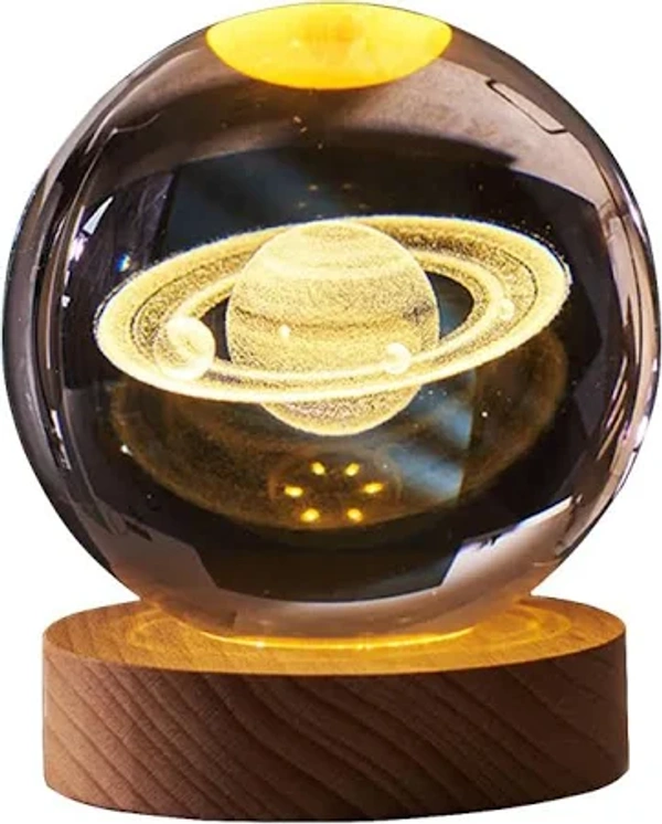 NIGHT GLASS LAMP WITH WOODEN BASE - Saturn