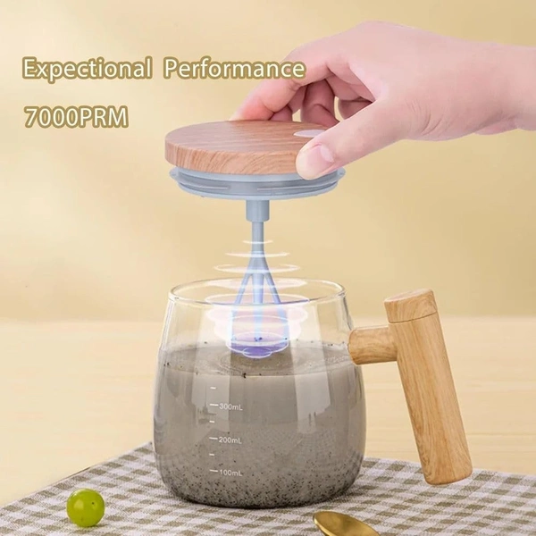 Glass Self-Stirring Mug with Wooden Handle, 400ml Capacity