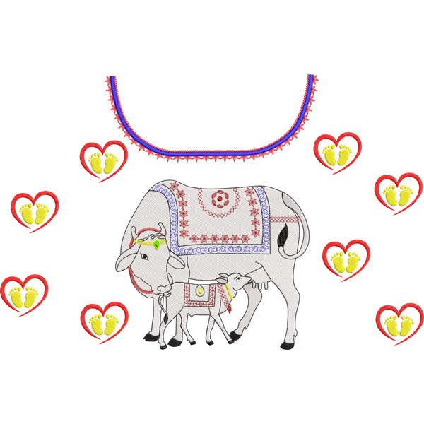 Blouse Design No : AE-004 , Baby Shower, Cow&Calf, Baby Foot - Border With Butta, Boat Neck