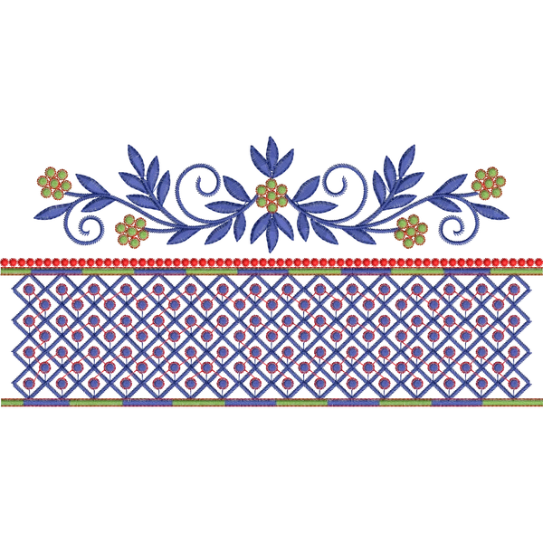 Blouse Design No : BH198 ,Flower Bunch,Double Colour Border - Border With Butta, U Shape